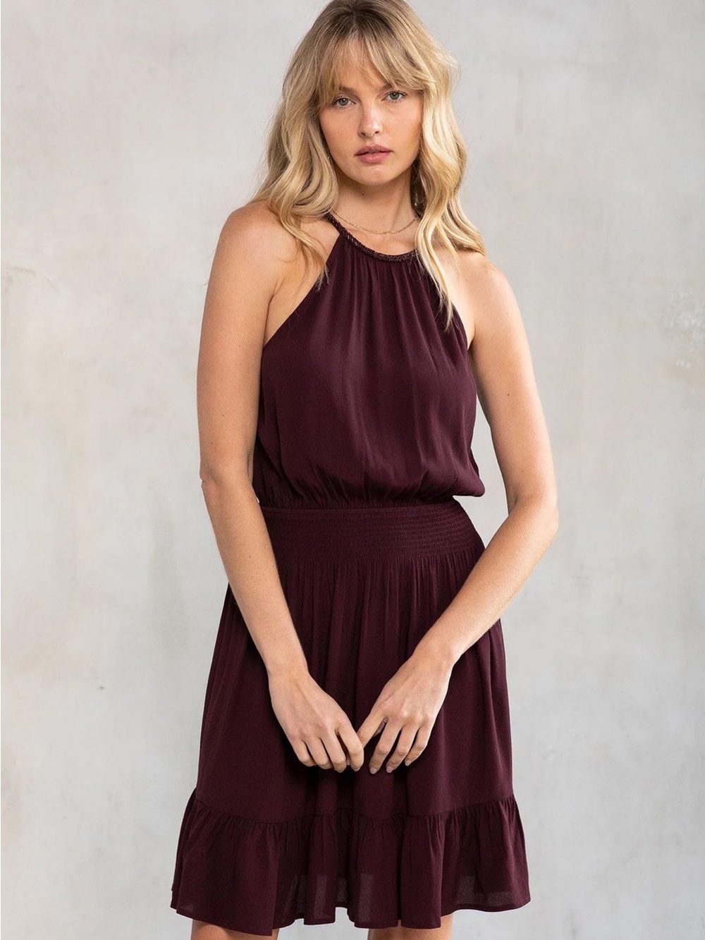 Love Stitch Odessa Burgandy Beaded Halter Mini Dress NWOT with ruffle hem